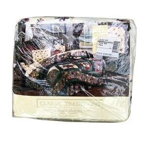 Vintage 80s Hunter Green Pink Cream Rose Floral Twin Sheet Set USA Cottagecore